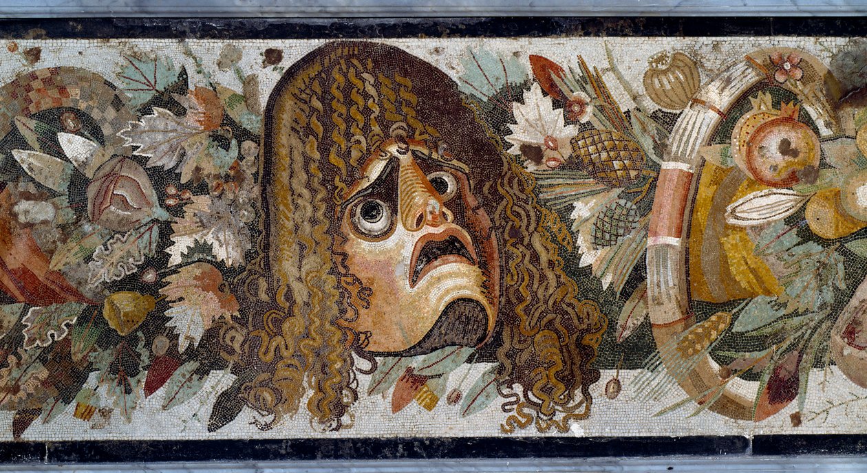 Feston med maske, blader og frukt. Detalj. Mosaikk fra Casa del Fauno i Pompei, 2. århundre f.Kr. Mål: 280 x 49 cm. Museo Nazionale Archeologico, Napoli - Romersk kunst: festong med tragisk maske, blader og frukt. Detalj. Mosaikk fra Faunens hus, Po av Roman