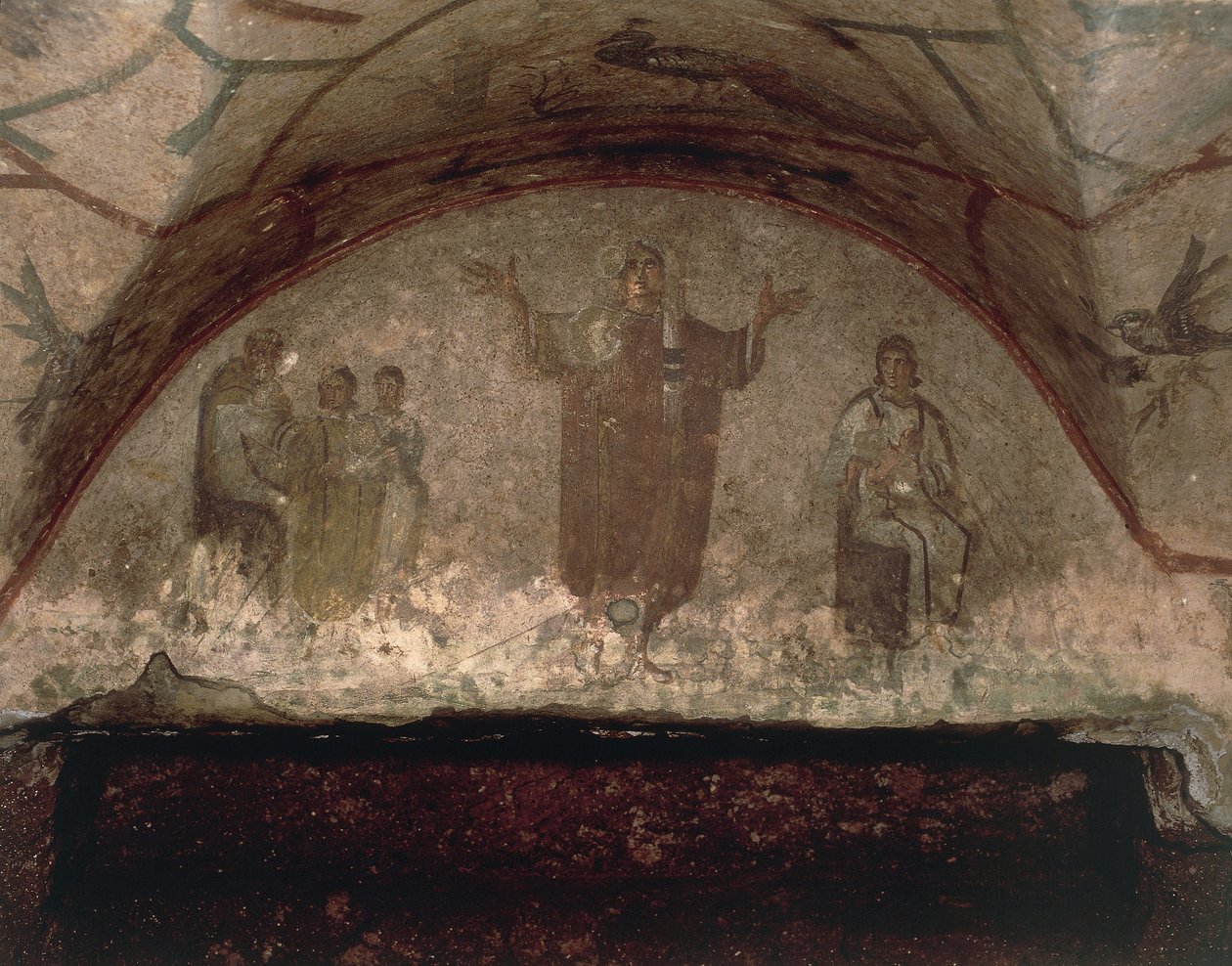 Figur av en ung kvinne med et tilslørt hode som ber med armene utstrakt, Via Salaria (fresco) av Roman