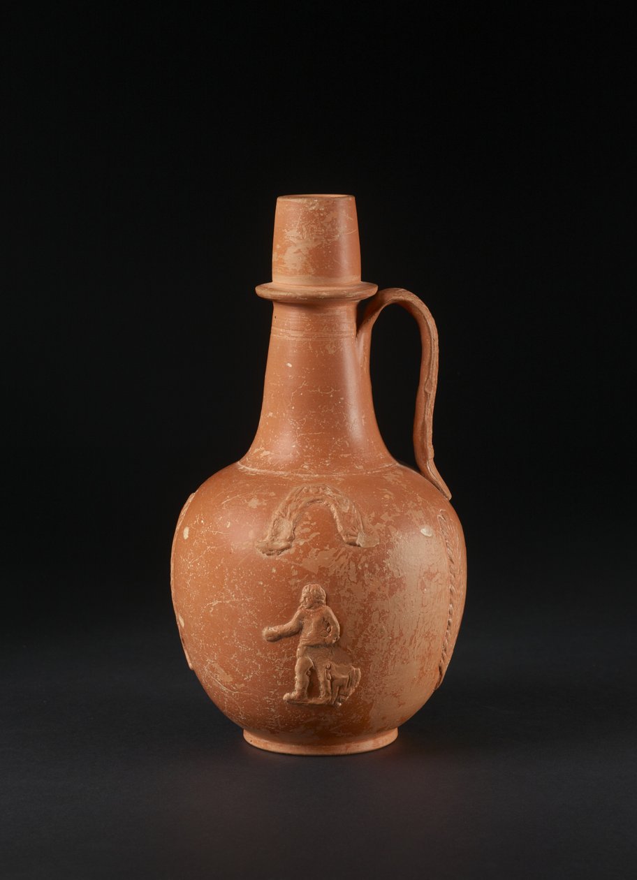 Flagon med påført dekorasjon av mann, fugl, palmer og girlander, Nord-Afrika (afrikanske røde slipsvarer) av Roman