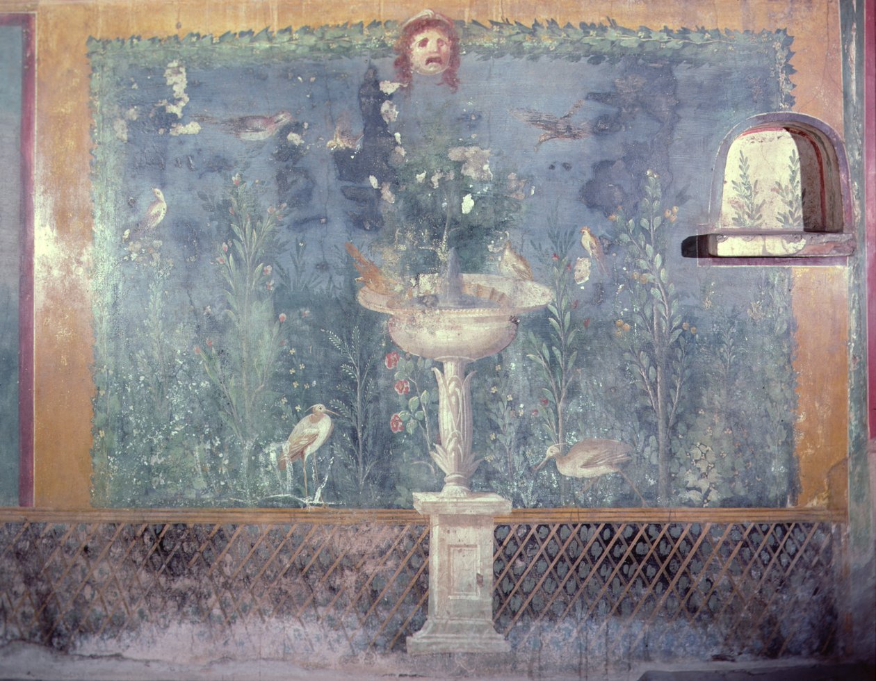 Fontene, maske og fugler, House of Venus i skall, Pompei, Italia (fresco) av Roman