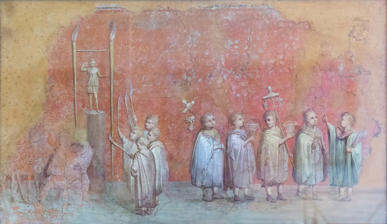Freskefragment av en kalender som viser barn i en prosesjon, muligens feiringen av keiser Severus
