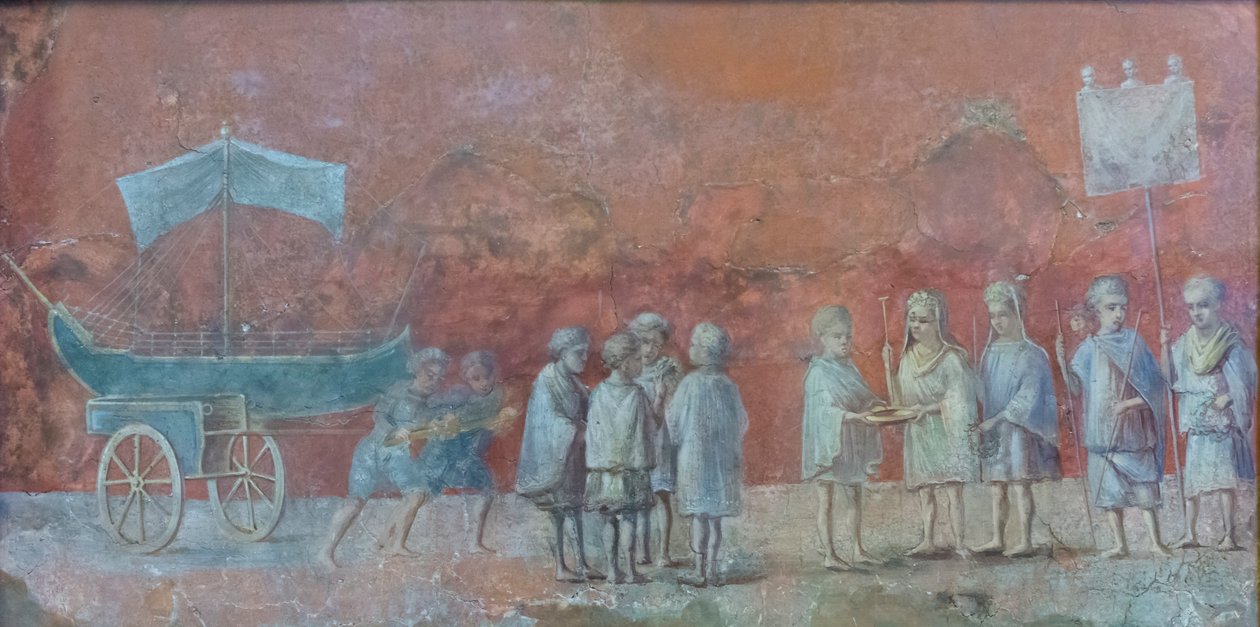 Freskefragment av en kalender som viser navigasjonen Isidis, en forsoningsfestival som ble holdt i begynnelsen av en reise og som representerer mars måned, tredje århundre e.Kr. (fresco) av Roman