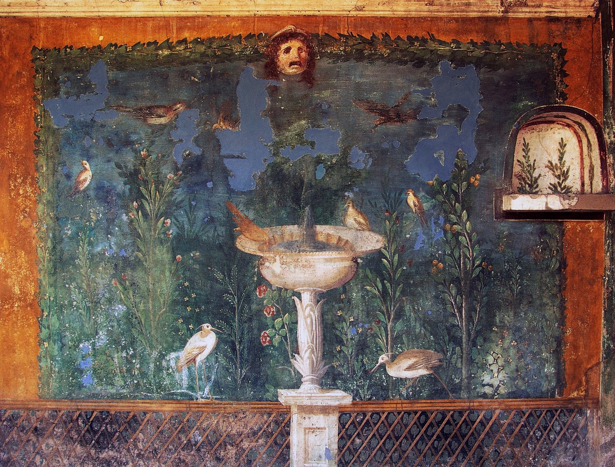 Fresco med fontene, maske og fugler, Venushuset i skall, Pompeii, Campania, Italia, romersk sivilisasjon av Roman