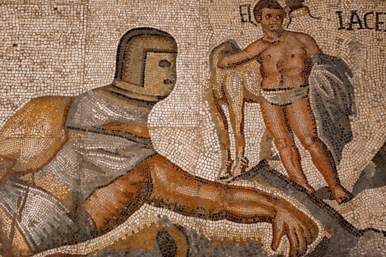 Gladiatorkamper. 320-330, mosaikk av Roman