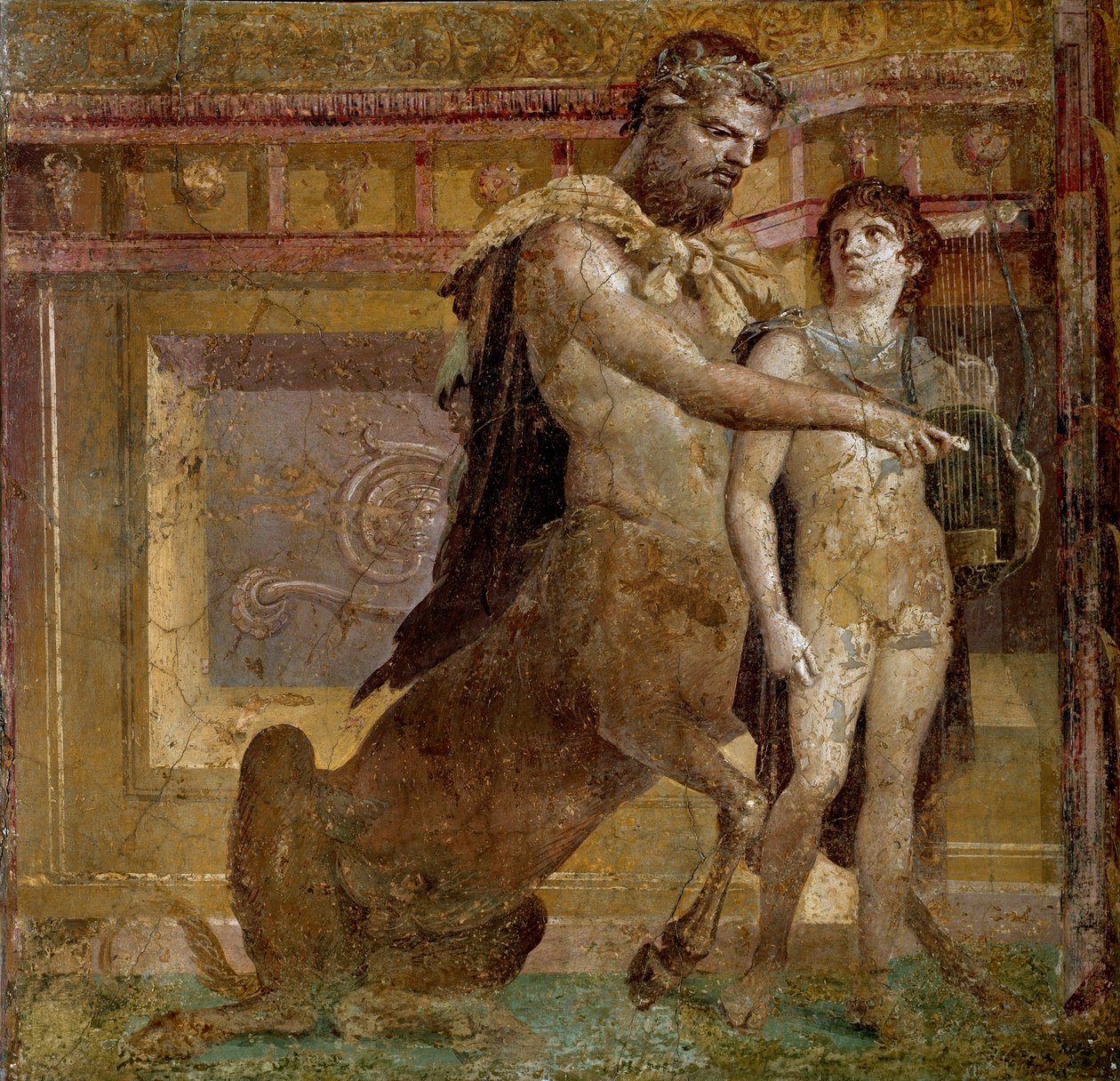 Gresk mytologi: kentauren Chiron og Achilles-barnet. Freske fra basilikaen Herculanum (Basilica di Ercolano). Romersk kunst Napoli, Museo Archeologico Nazionale - Gresk mytologi: kentauren Chiron og Achilles-barnet eller Achilles