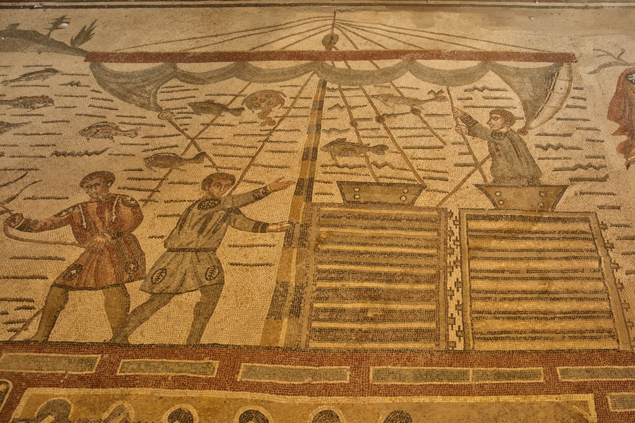 Hall of the Great Hunt, gulvmosaikkjaktscene, Villa Romana del Casale, Piazza Armerina, Sicilia, Italia (bilde) av Roman