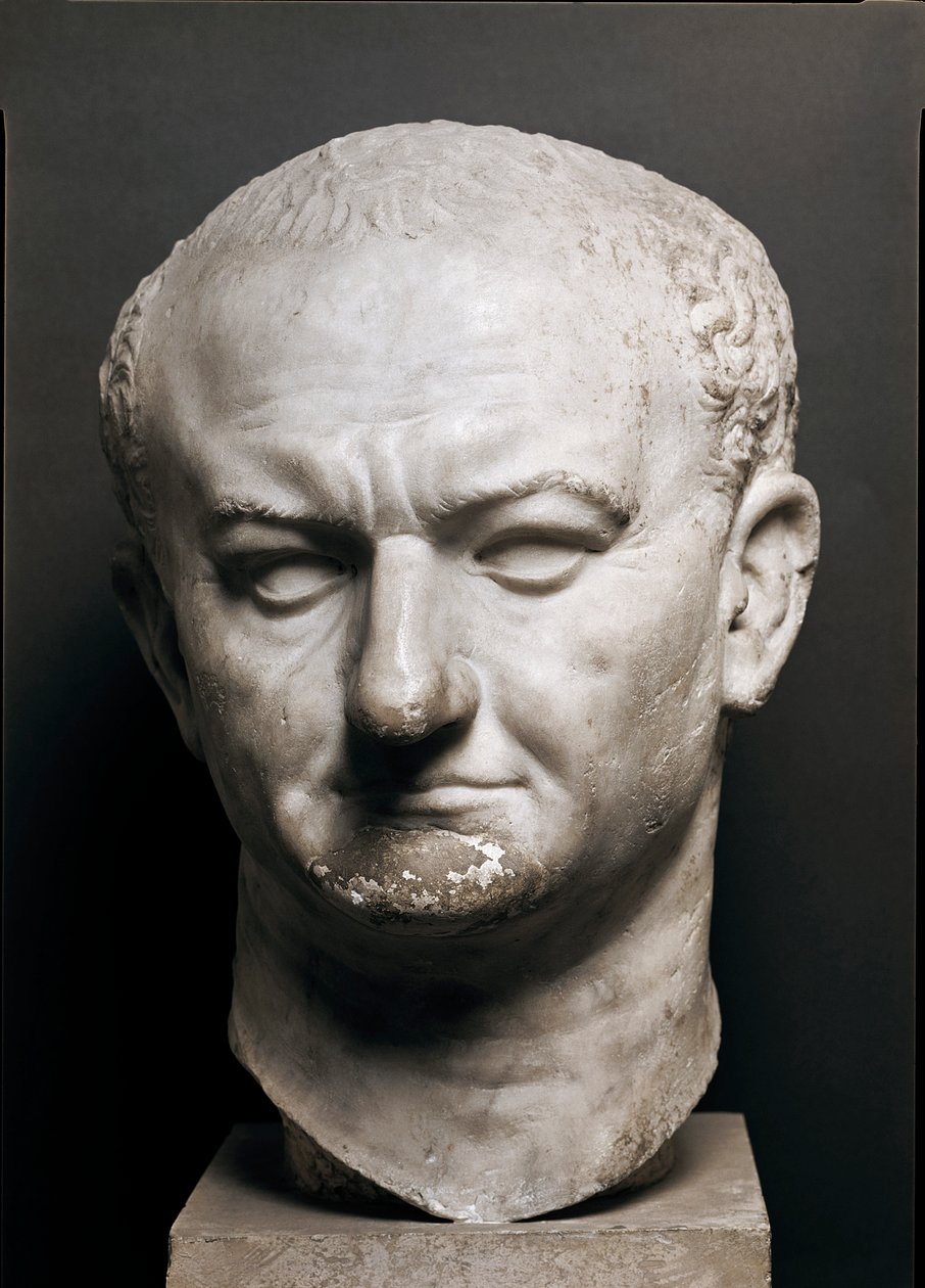 Leder for den romerske keiseren Vespasiano (Vespasianus eller Vespasiano, 9-79 ap. JC) - Marmorskulptur, Høyde 40 cm - Roma, Museo Nazionale Romano - Overhode for keiser Vaspasian (Titus Flavius Vespasianus) (9-79) - Marmorskulptur ( H. 40 cm) - Roma, Muse av Roman