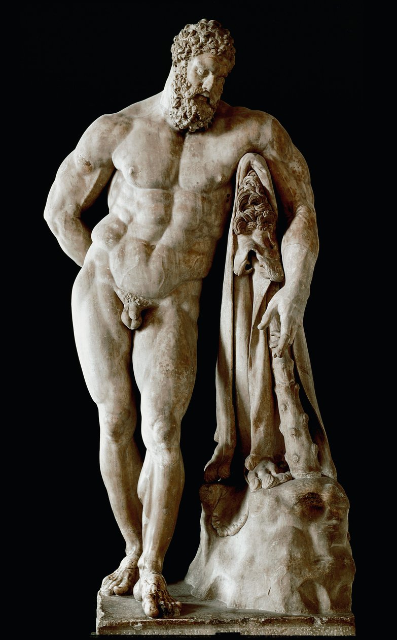 Hercules Farnese Kolossal skulptur av glykonmarmor fra termalbadene i Caracalla i Roma fra en gresk original av Lysipus av Sicyone, Dim. 3,17 m, 3. århundre etter JC - Napoli arkeologiske museum - Farnese Hercules - Marmorskulptur (H.31) av Roman