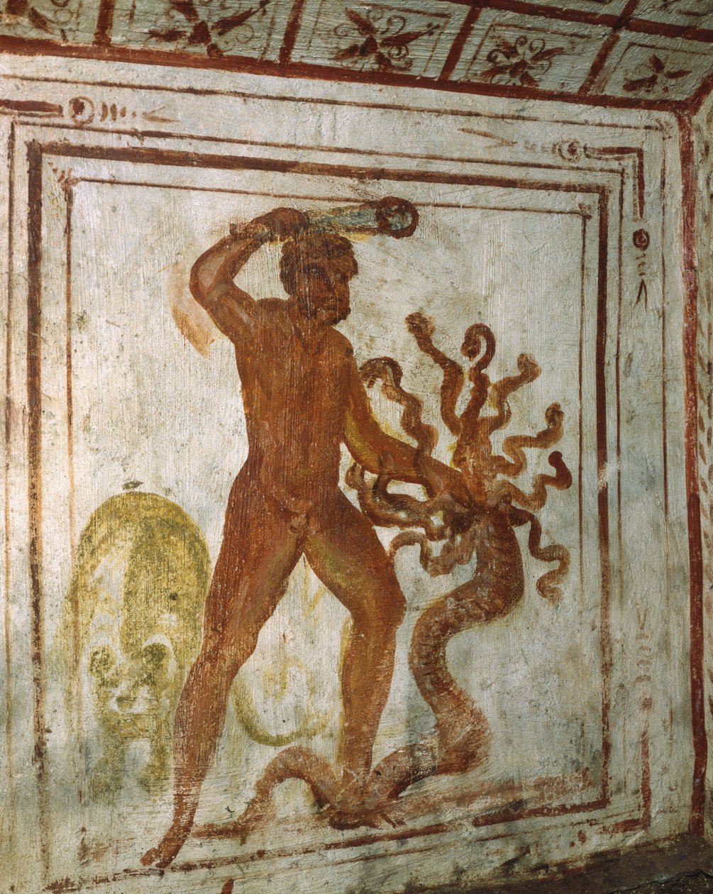 Hercules og Lernaean Hydra, fresco, Via Latina Catacomb, Roma, Italia, 4. århundre av Roman
