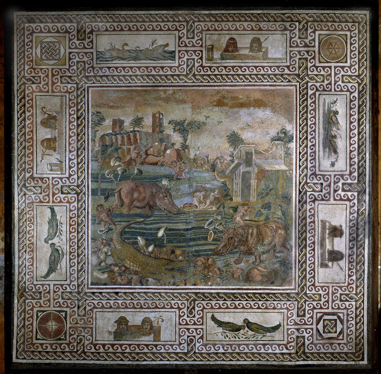 Flodhestjakt på Nilen (mosaikk) av Roman