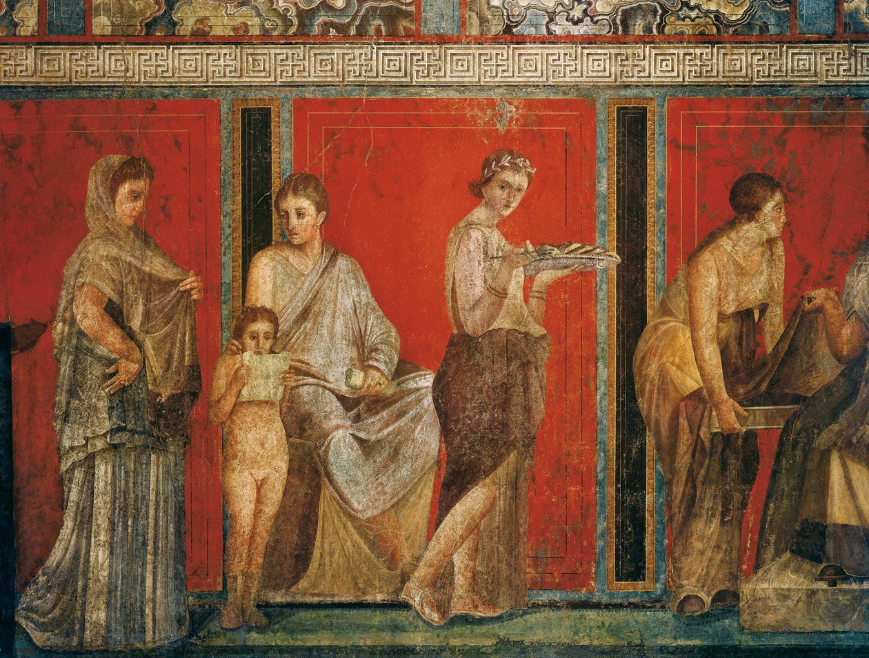 Innvielsesritualer fra Dionysos-kulten, freskomaleri fra Villa Dei Misteri av Roman