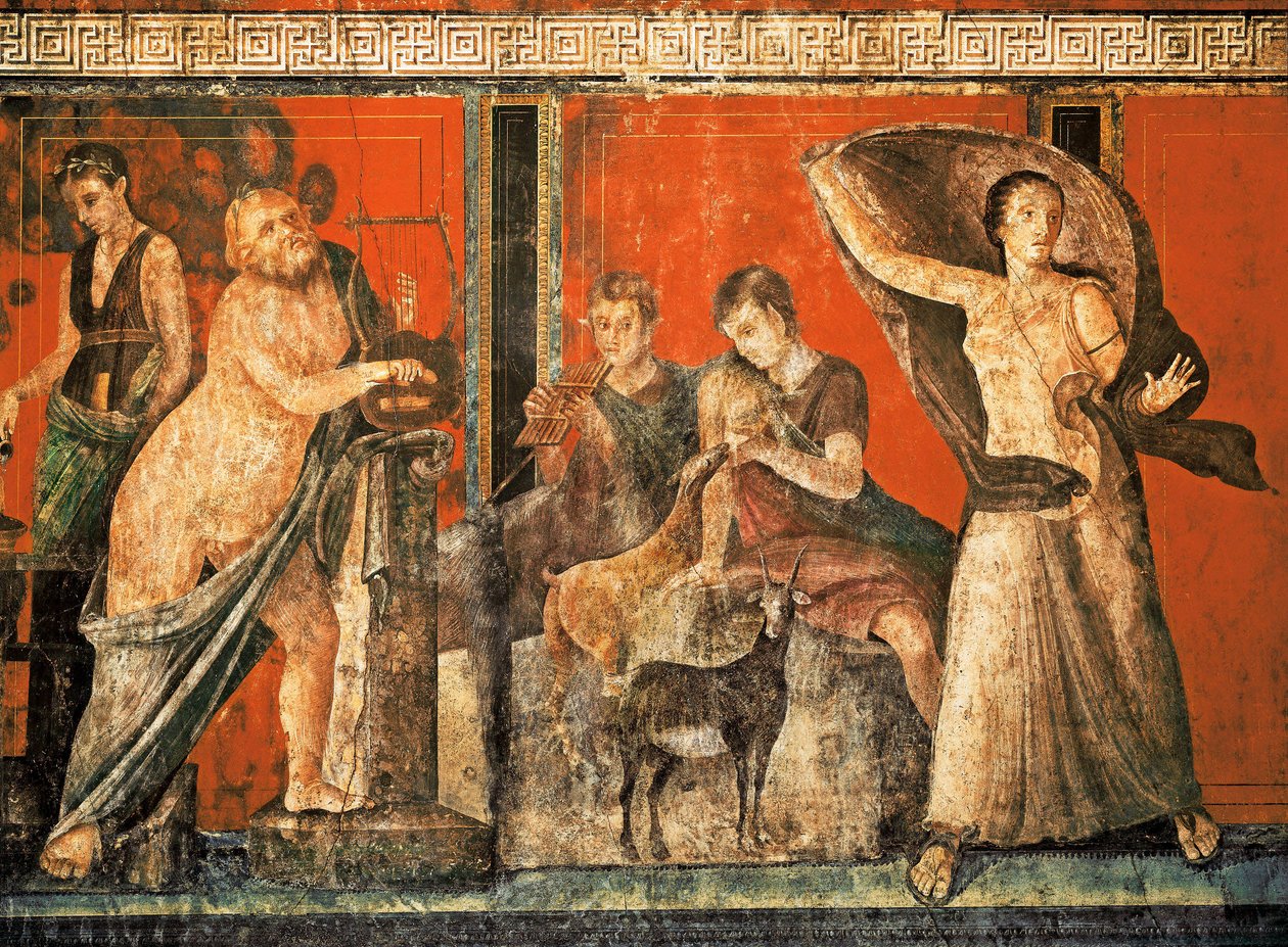 Innvielsesritualer fra Dionysos-kulten, freskomaleri fra Villa Dei Mysteri av Roman