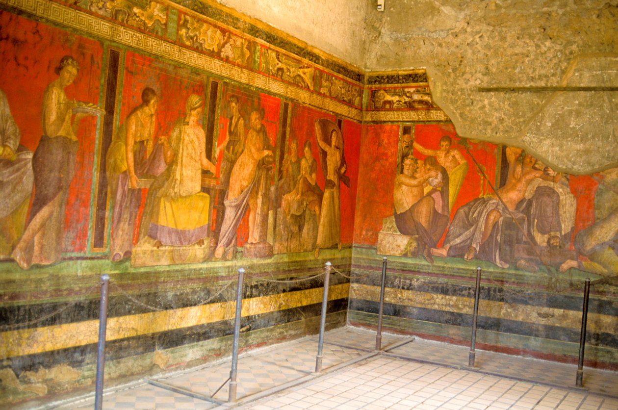 Innvielsesritualer fra Dionysos-kulten, freskomaleri fra Villa Dei Mysteri av Roman