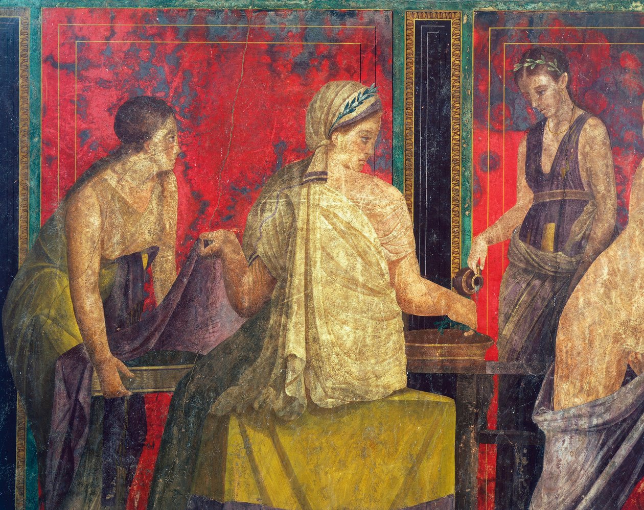 Innvielsesritualer fra Dionysos-kulten, freskomaleri fra Villa Dei Mysteri av Roman