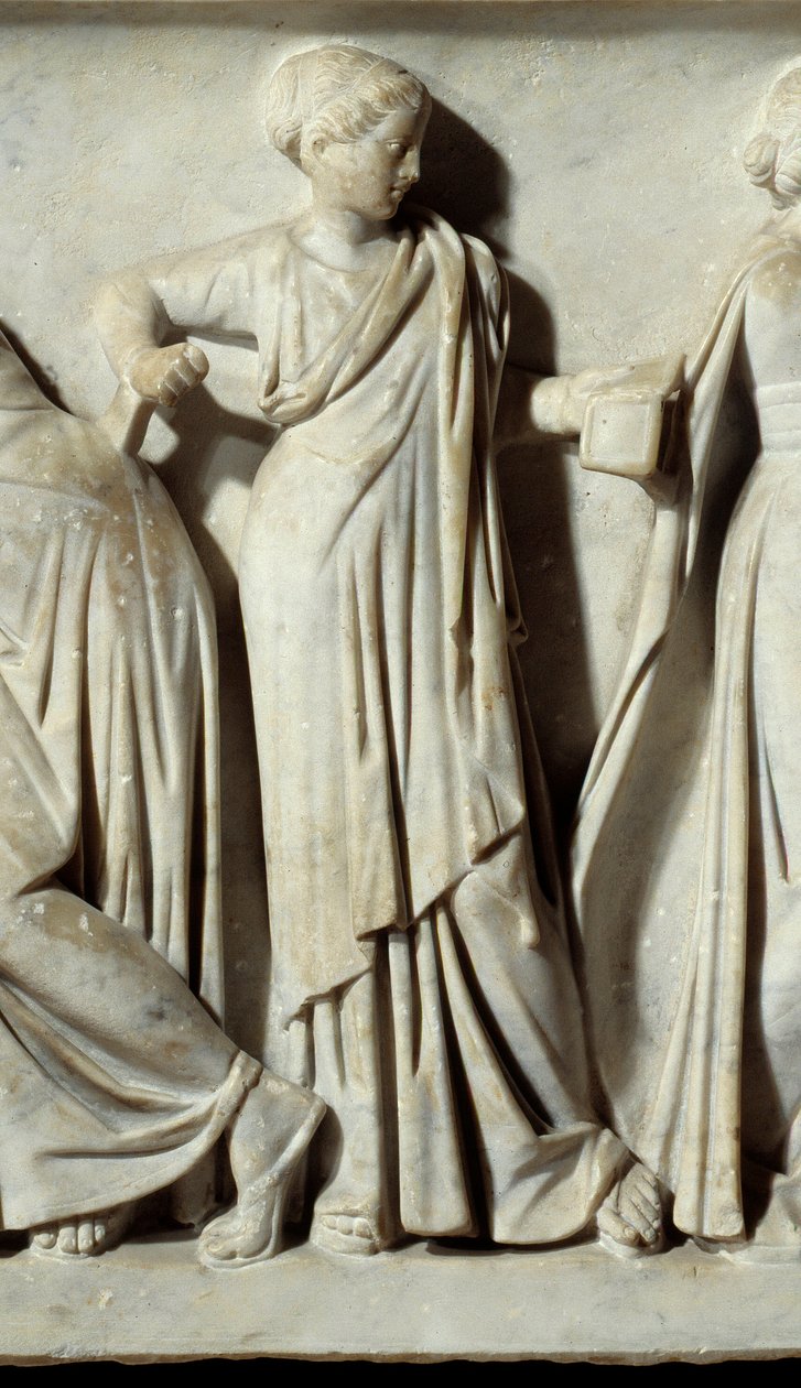 La muse Calliope, detalj av Sarcophagus des Muses: representasjon av musene deesses av kunst og bokstaver. Marmor skulptur. 150 e.Kr. Paris, Louvre-museet. av Roman