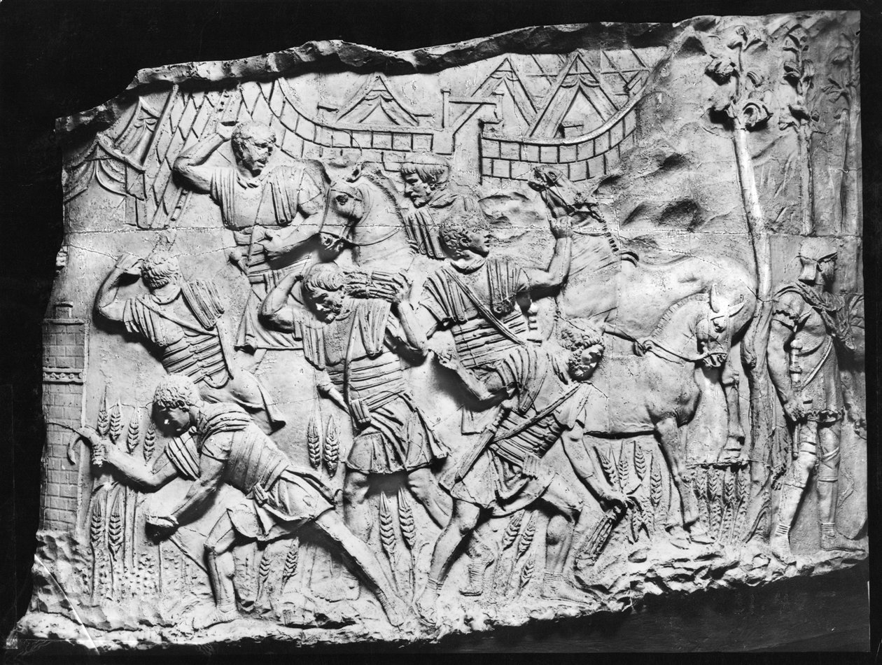 Legionærer plukker bygg, en avstøpning hentet fra Trajans Column, AD 110-113 (gips) av Roman