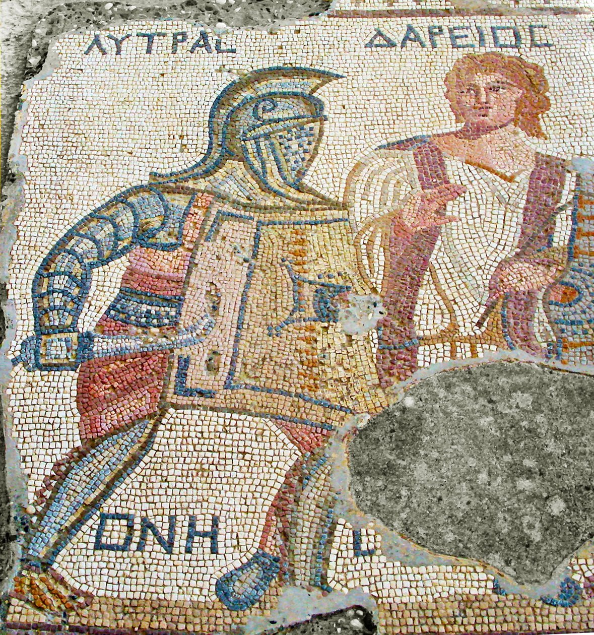 Lytras blir skilt fra motstanderen av Darios, House of the Gladiators, Kourion, Kypros (mosaikk) av Roman