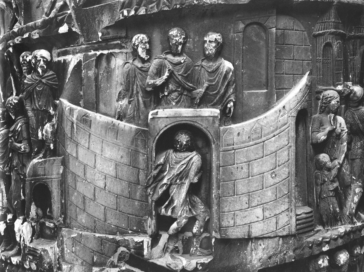 Marcus Aurelius mottar en budbringer, detalj fra kolonnen til Marcus Aurelius, AD 180-196 (marmor) (s/hvitt foto) av Roman