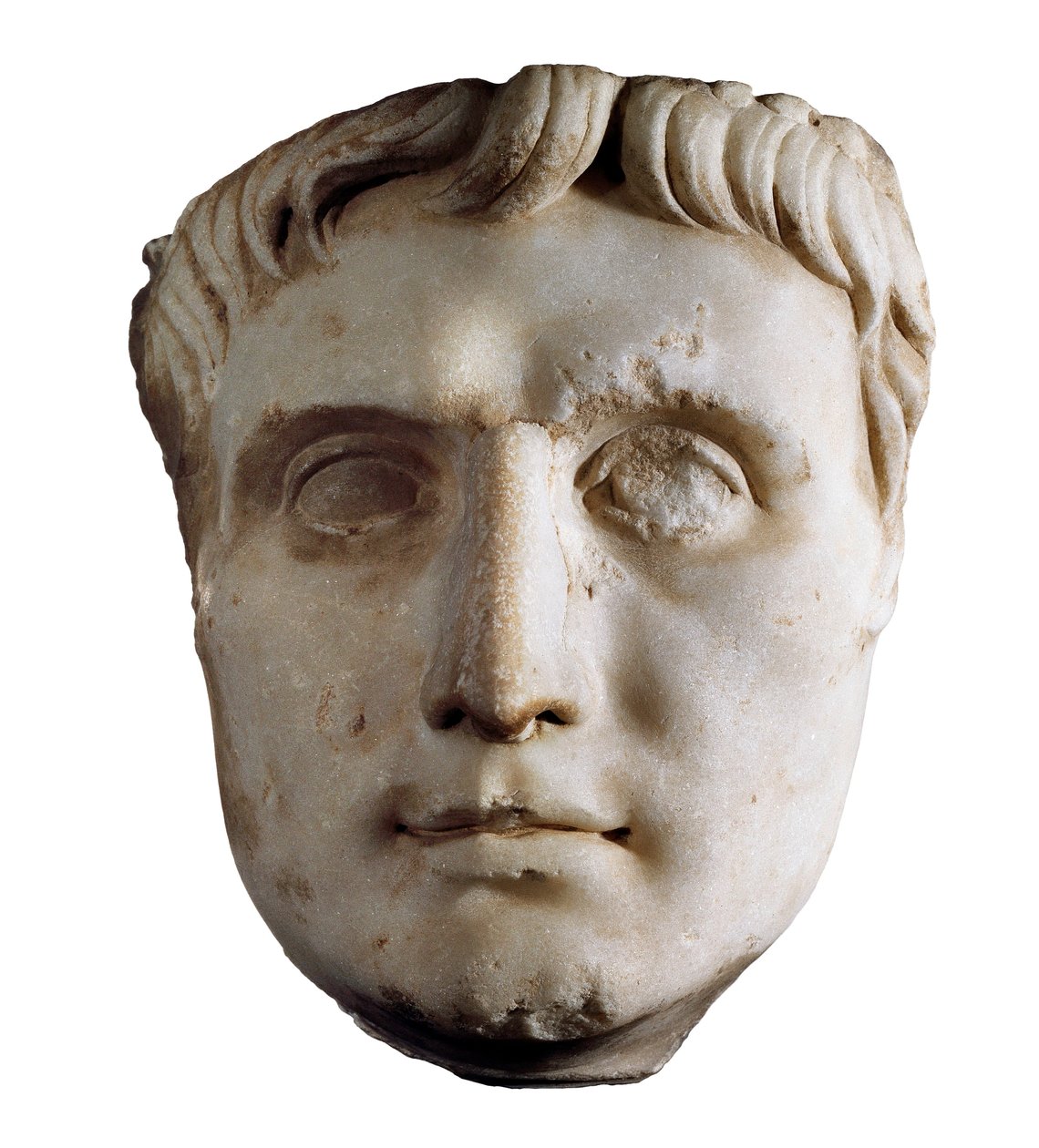 Maske til keiser Augustus (Caius Julius Caesar Octavianus Augustus), 63 f.Kr. - 14 e.Kr. (marmorskulptur) av Roman