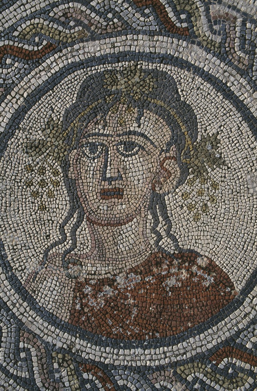 Mosaikk som viser de fire årstidene, House of 'Dionysos', detalj, hode (mosaikk) av Roman