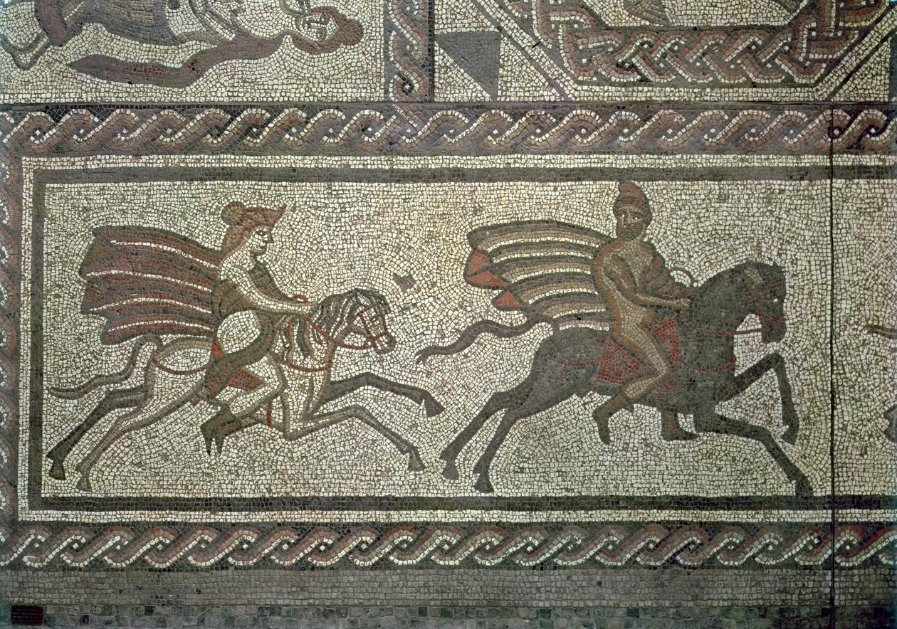 Mosaikk fortau fra den romerske villaen ved Low Ham, illustrerer historien om Dido og Aeneas fra Virgils Aeneid, ca. 350 e.Kr. mosaikkdetalj fra 5959 av Roman