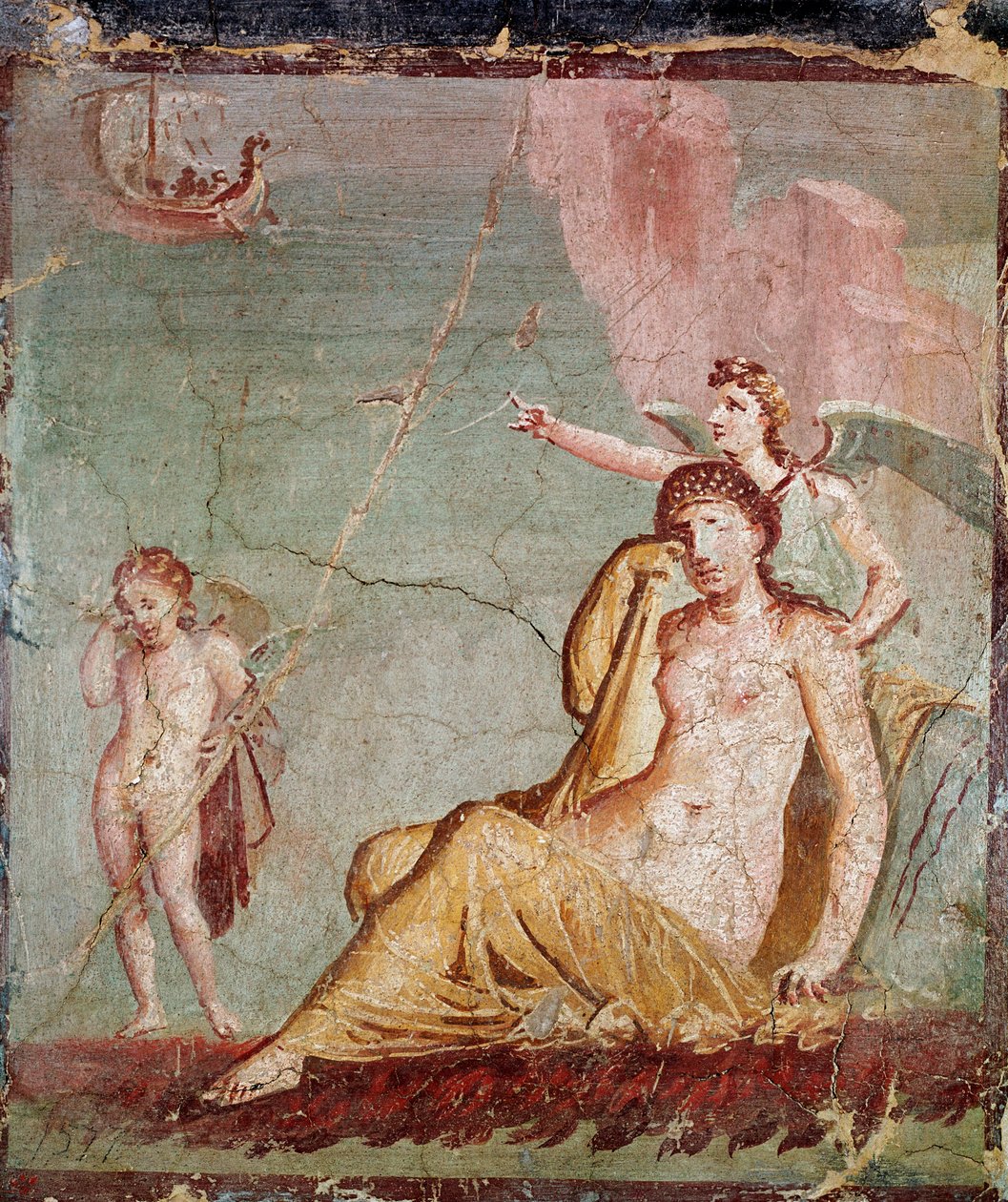 Nemesis, hevnens gudinne, viser Theseus-skipet, som nettopp forlot Ariadne (fresko av Roman