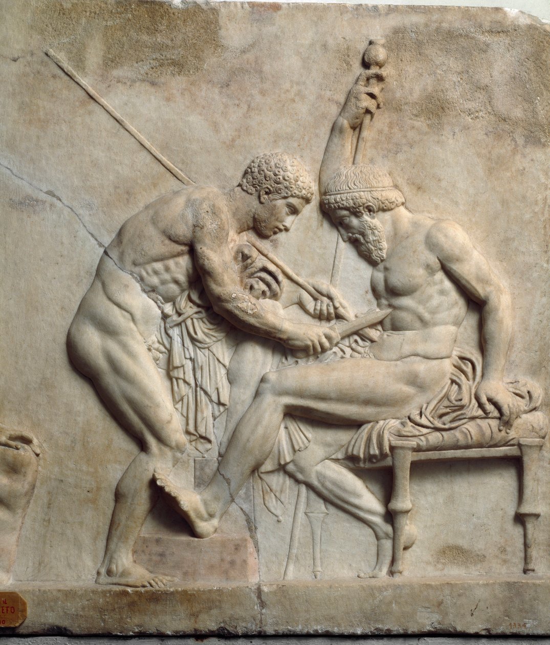 Neo-attisk kunst (neo loft): relieff som representerer Telephus (Telephus) operert av en kirurg - 1. århundre f.Kr., Fra Ercolano (Herculanum) - Napoli, Museo Archeologico Nazionale - Telephus (eller Telephos) behandlet av en kirurg - Relieff av Roman