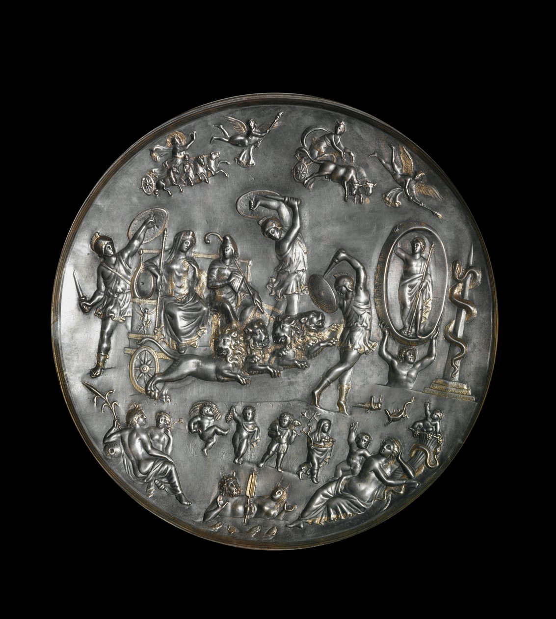 Patere de Parabiago, sølv rituell tallerken som viser triumfen til Attis (eller Atys) og Cybele på en vogn avfyrt av løver, 4. århundre. Sølv: Diameter: 40 cm. Musee archelogique de Milan. - Patera of Parabiago, rituell sølvplate, som representerer triumfe av Roman
