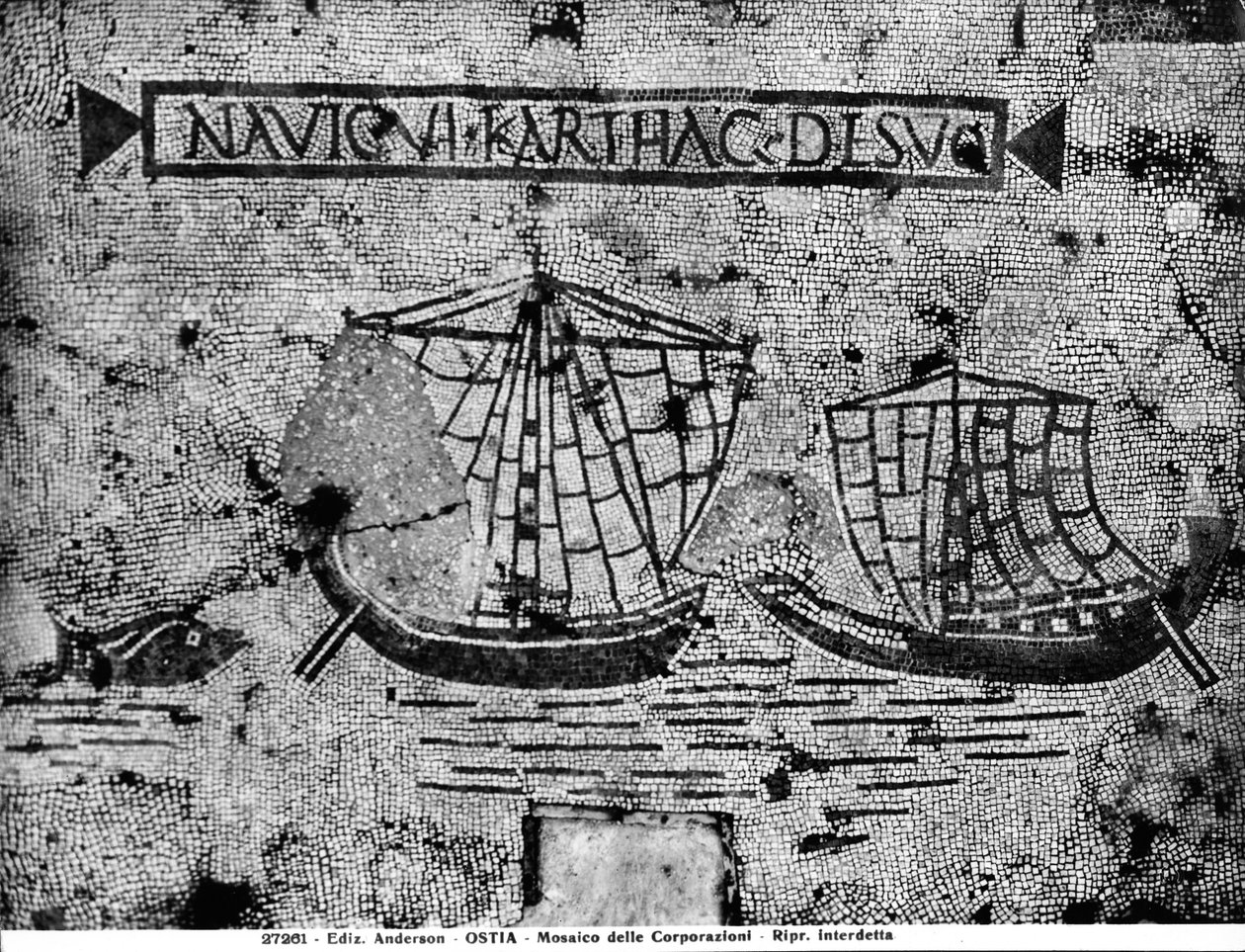 Pavement detail from the Piazzale dell Corporazioni depicting a nautical scene (mosaic)  av Roman