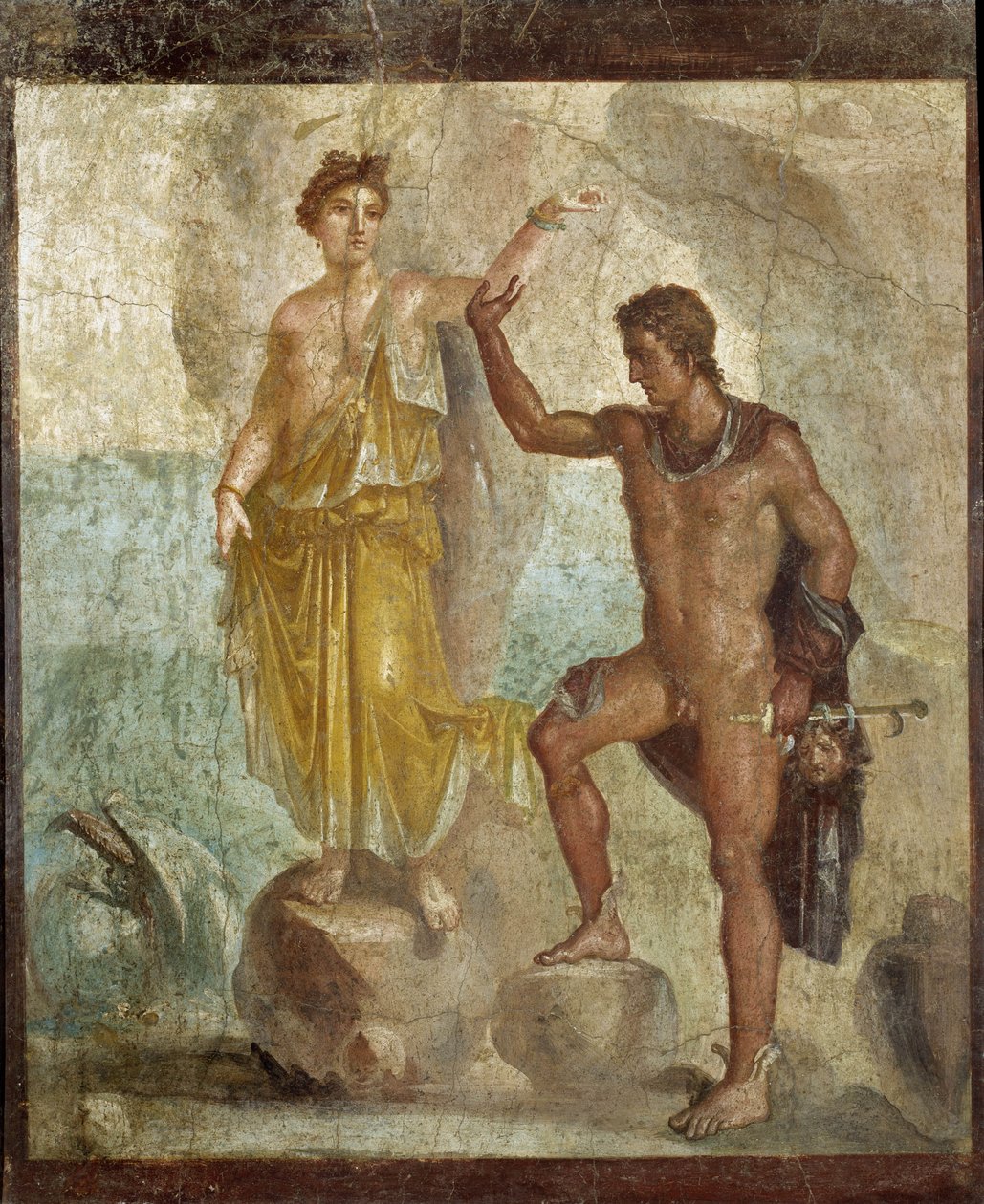 Se frigjørende Andromede. Fresque 98x120cm. Provenant de la Maison des Dioscures (Dioscuris hus) i Pompeii. 300 ap JC. Nasjonalt arkeologisk museum, Napoli (Musee archeologique de Naples). © Raffael / Leemage av Roman