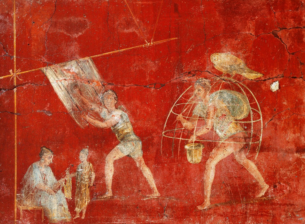 Søylefreskomaleri som viser ullproduksjon, fra Pompeii, Fullonica fra Veranio Ipseo av Roman