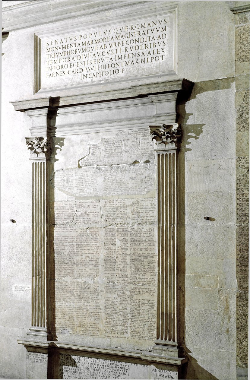 Plakett av triumf- og konsulære faster. Periode av keiser Augustus. 27 f.Kr.-14 e.Kr. Roma, Musei Capitolini - Registreringsskilt for den konsulære og triumferende Fasti-perioden til romersk keiser Augustus (27 f.Kr.-14 e.Kr.). Musei Capitolini, Roma, Ital av Roman
