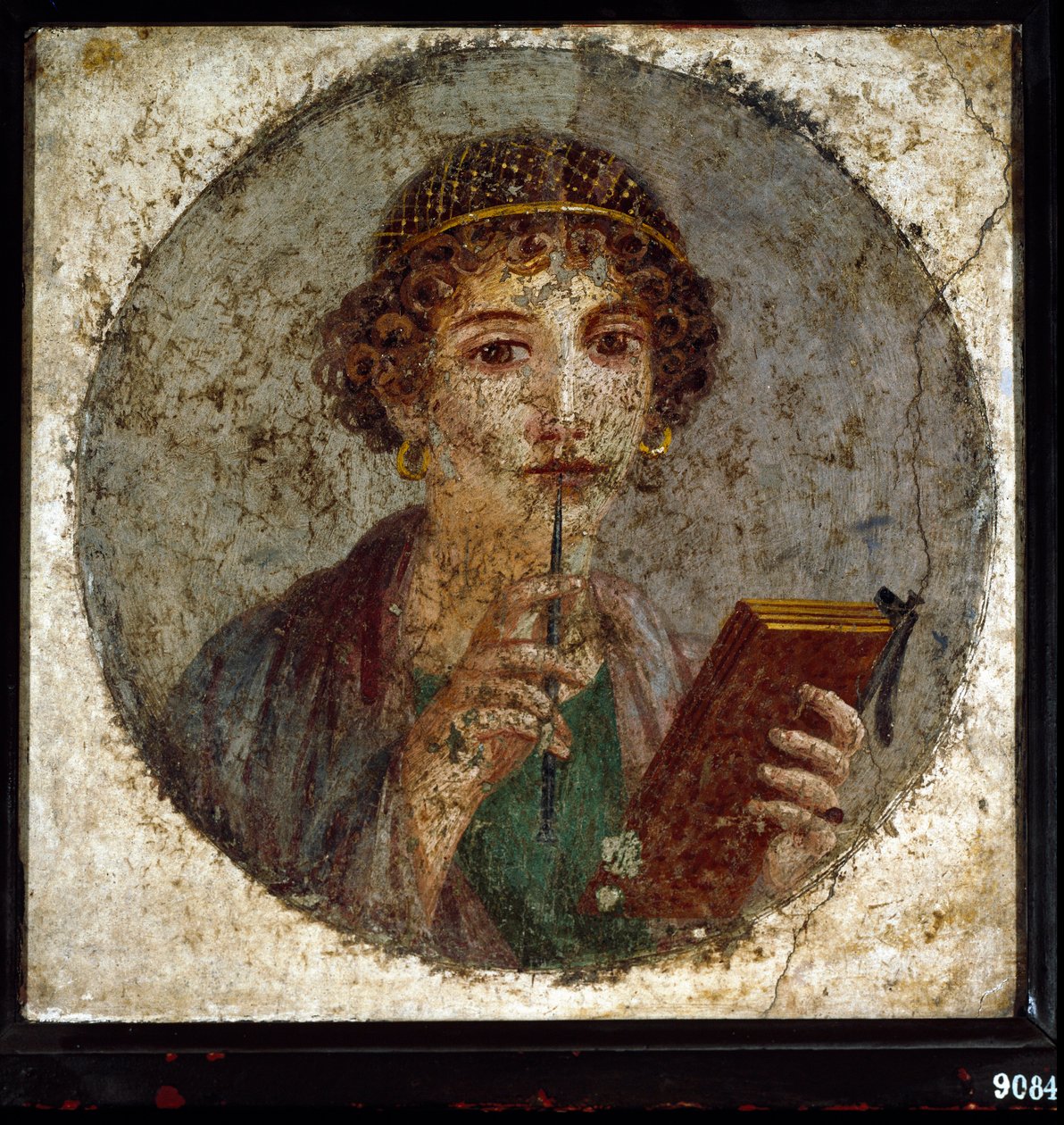 Portrett antar av Sapho (eller sappho) gresk poetinne. Romersk kvinne med bok og penn (stylus eller stil), fra Pompei, Napoli, Italia av Roman