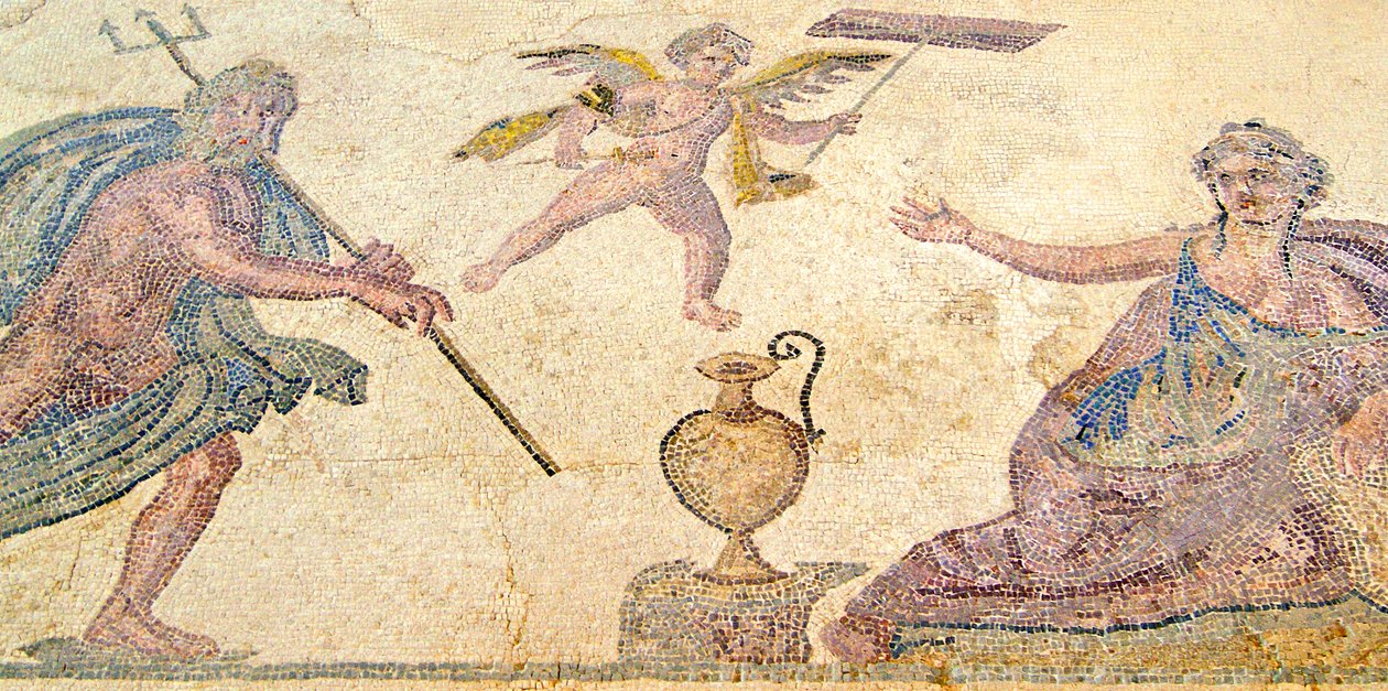 Poseidon og Amymone, House of Dionysos, Pafos, Kypros (mosaikk) av Roman