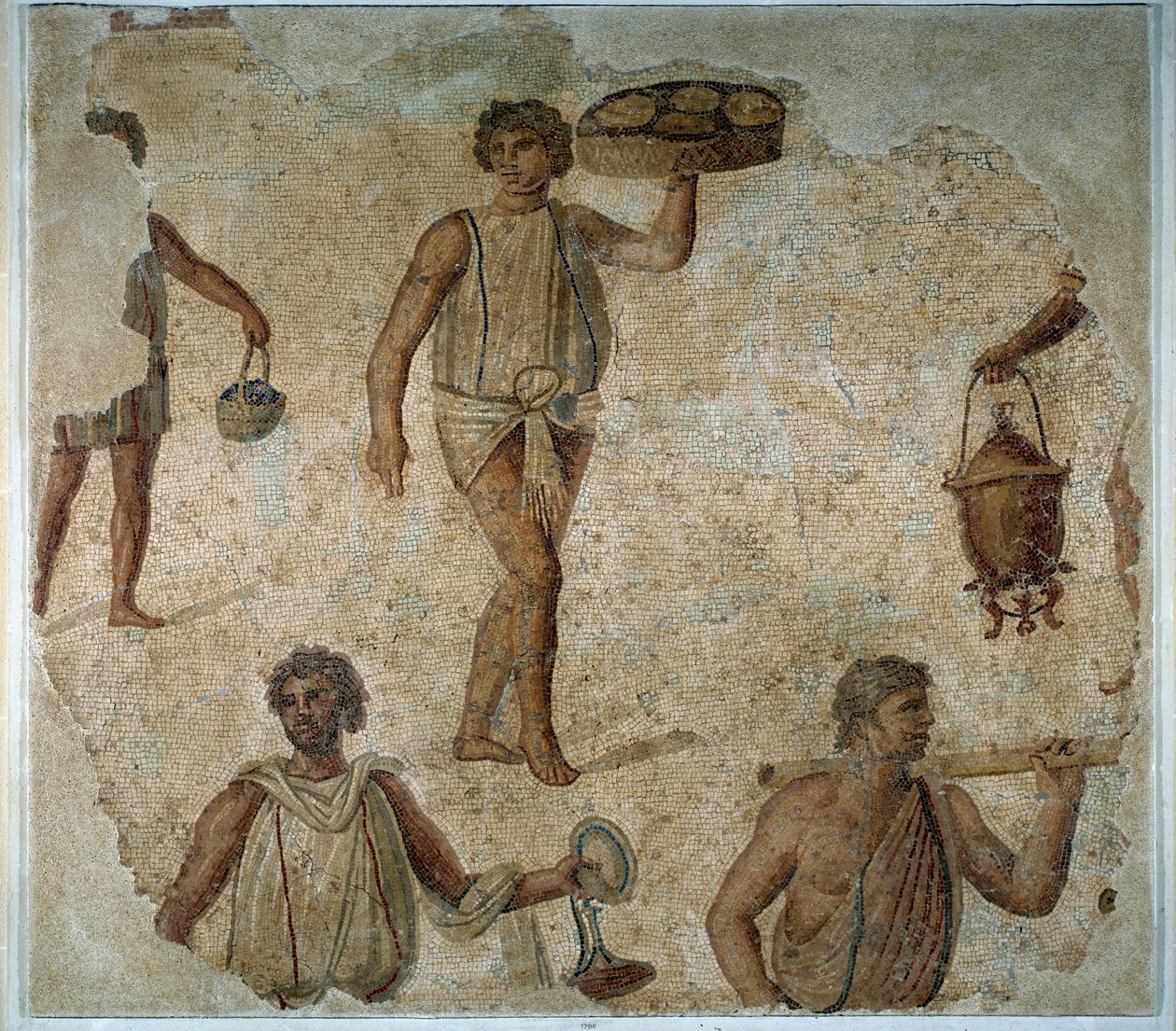 Forberedelser til en dyonisisk fest: slave som serverer et mosaikkmåltid fra Kartago. 2. århundre ap. JC. Paris, Louvre-museet av Roman