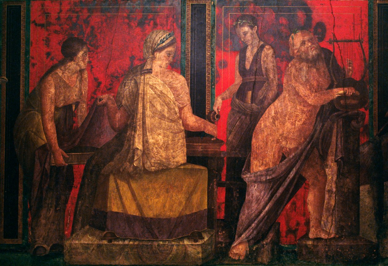 Prestinne og en silenus som spiller en lyre, scene fra innvielsen til de dionysiske mysteriene, Triclinium of the Villa of the Mysteries, Pompeii (UNESCOs verdensarvliste av Roman