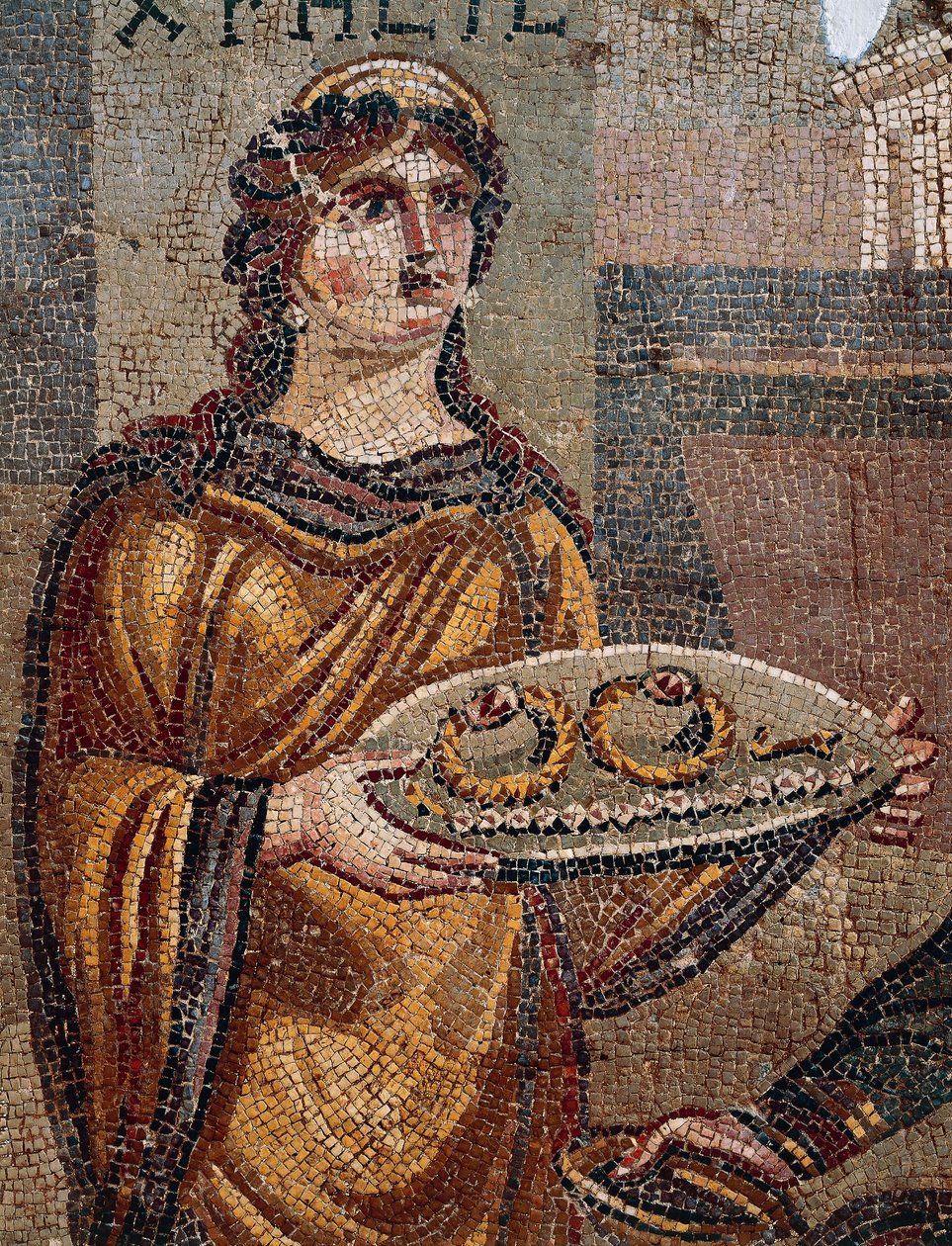 Fangen Chresis gir nøkler av løsepenger til sin fangefanger Agamemnon, Detalj fra Mosaic of Chresis avdekket i Daphne, Antiokia, Tyrkia av Roman