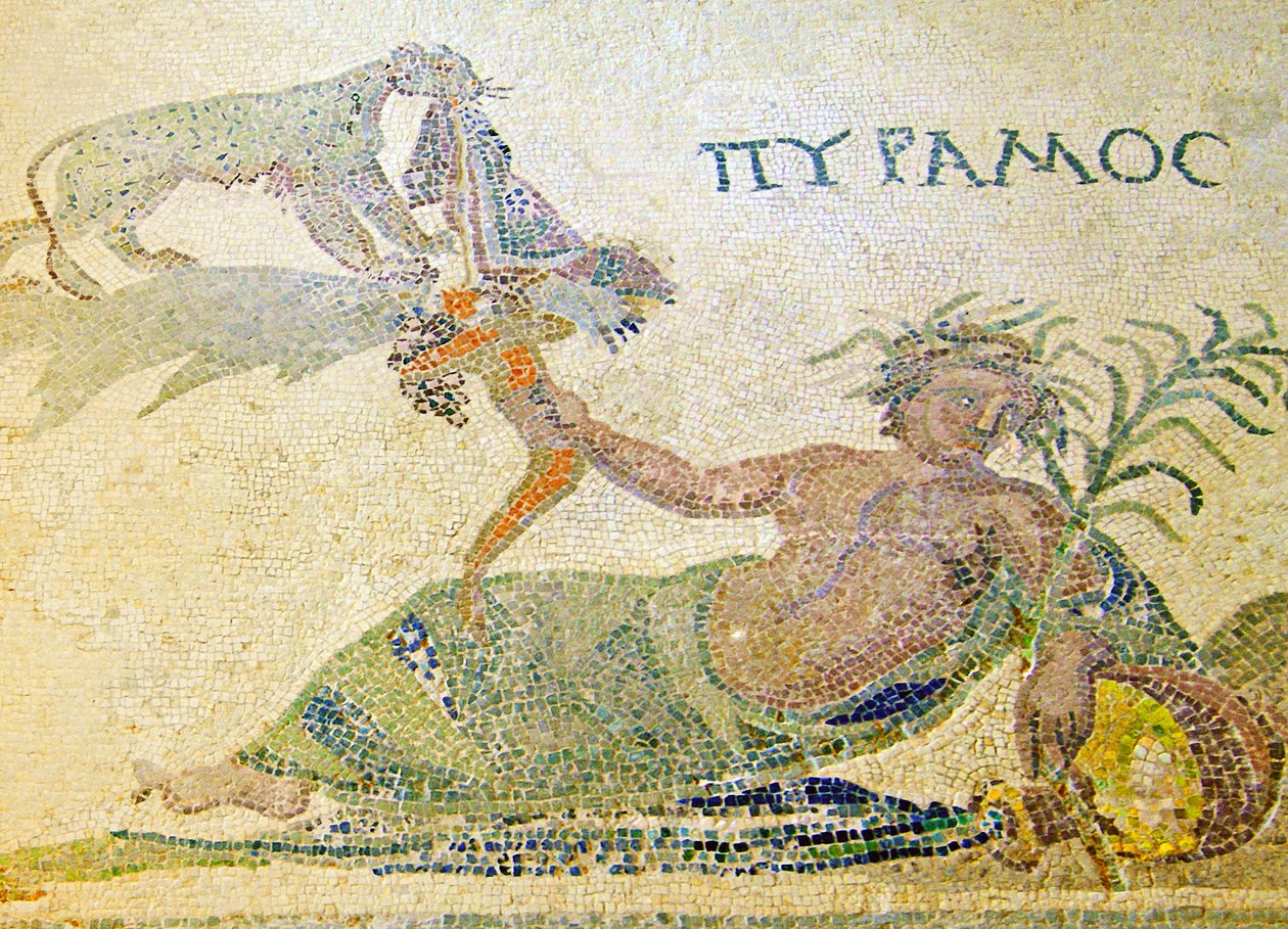 Pyramus og Thisbe, detalj av Pyramus og leoparden, House of Dionysos, Paphos, Kypros mosaikk av Roman