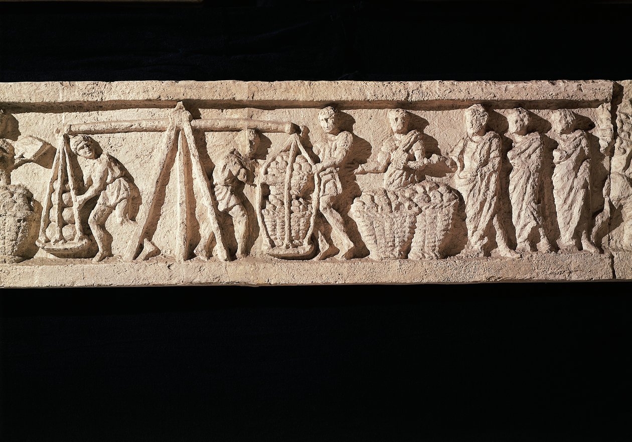 Relieff som viser stablen av brød i kurver og tar dem til veiing. fra graven til bakeren Euryaces, Porta Maggiore, Roma, ca. 50-20 BC50-20 av Roman