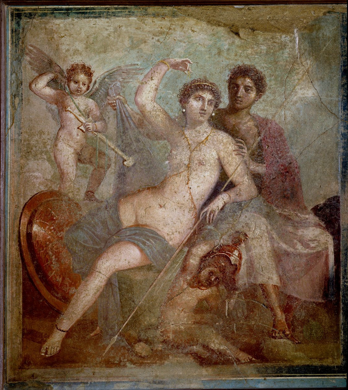 Representasjon av Ares og Afrodite, akkompagnert av elsker å leke med gudens våpen. Freske fra Villa de Mars og Venus i Pompei. 1. århundre e.Kr. Arkeologisk museum i Napoli - romersk kunst: Ares, Afrodite og Eros. Afrodite (Venus) recl av Roman