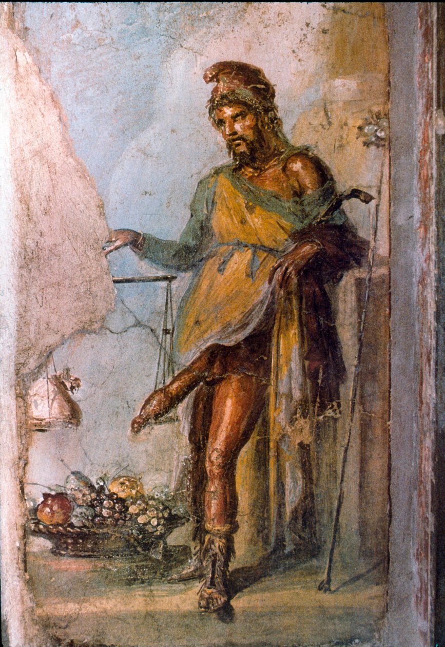 Representasjon av den greske guddommelige Priape, fruktbarhetsguden, med stor penis konstant i ereksjon. Detalj av en fresko fra Pompei. Casa dei Vettii. 1. århundre e.Kr. av Roman