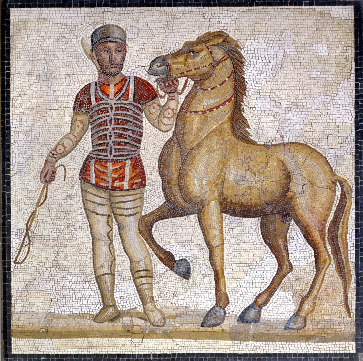 Representasjon av de fire fraksjonene i det romerske sirkuset: den røde (factio russata). Fraksjonene var klubber som var engasjert i sirkuskonkurranser i det øvre imperiet (1. århundre e.Kr.) og preget av en farge. Mosaikk, Roma Museo nazionale Romano. av Roman