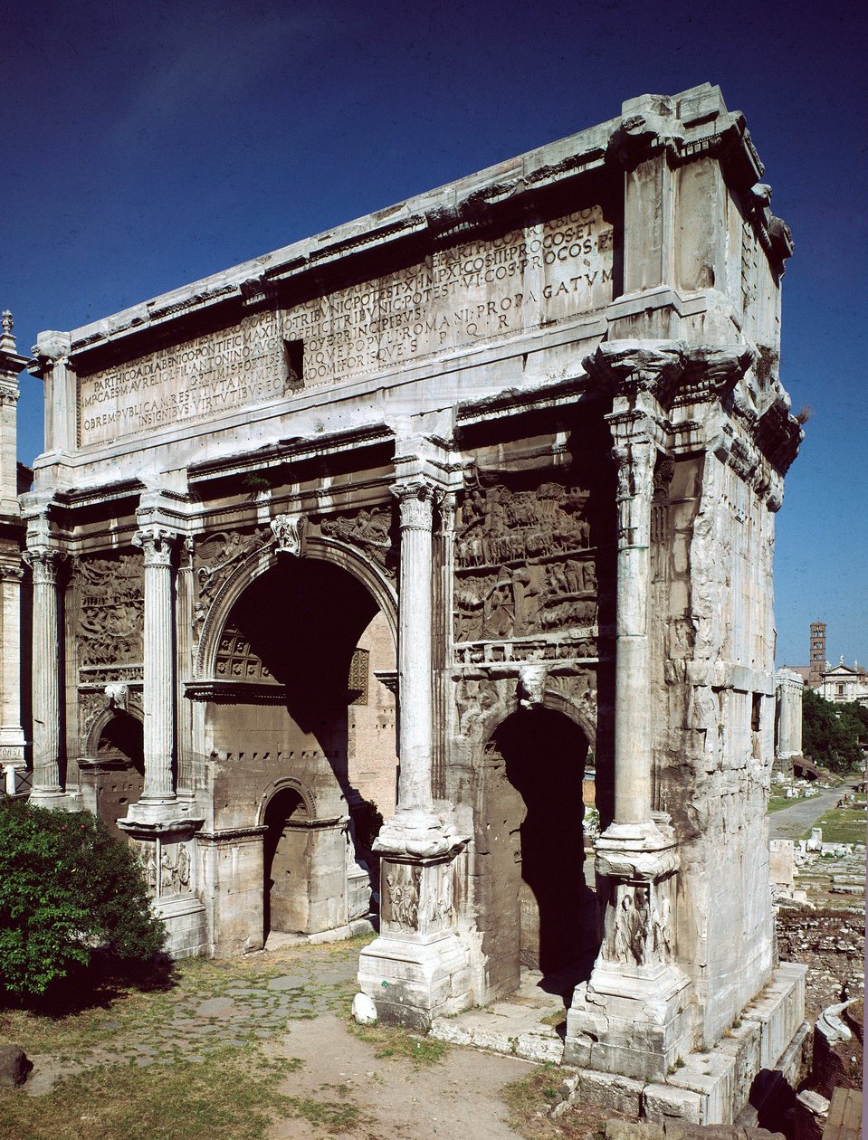Romersk kunst: Triumfbuen til den romerske keiseren Septime Severus (Lucius Septimius Severus) (146-211) realisert i 203 e.Kr., Forum Romanum, Roma av Roman