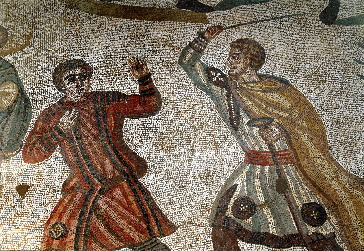 Romersk kunst: Detalj av mosaikken "" Den store jakten"" En romersk aristokrat straffer en av slavene sine med en pinne. 315-350 e.Kr. Piazza Armerina, Villa Romana del Casale av Roman