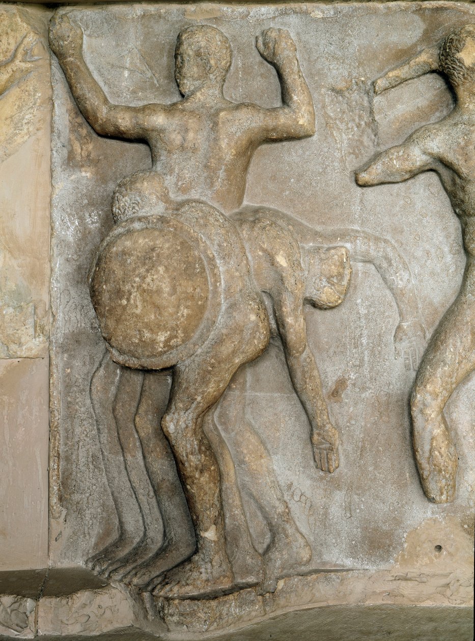 Roman Art: Hercules and the Giant har tre hoder Geryon (en episode av de tolv (12) verkene til Hercules) Frynsefragment fra teateret i Delphi. 1. århundre e.Kr. Delphi, arkeologisk museum av Roman