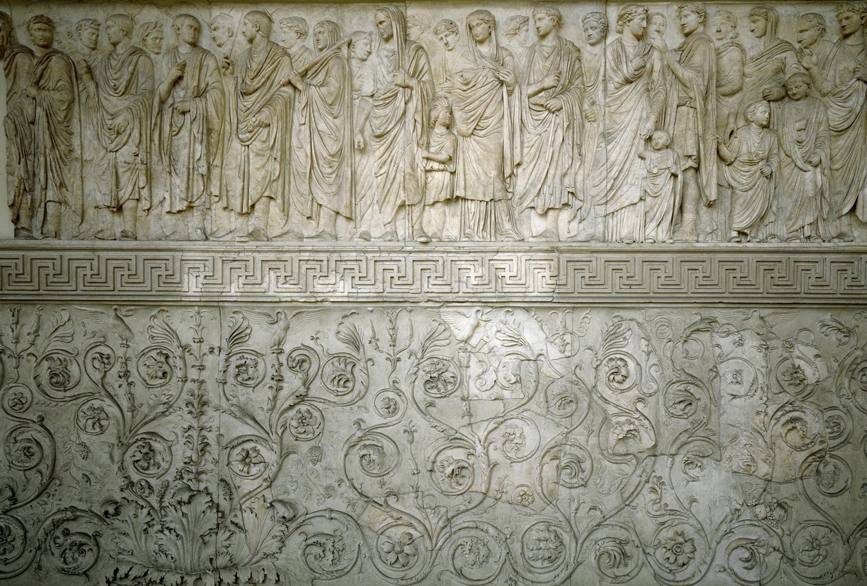 Romersk kunst: "" Imperial cortege of Emperor Augustus""" Lavt nordrelieff i marmor av Ara Pacis Augustae bygget av den romerske keiseren Augustae mellom 13 og 9 f.Kr. på Champ de Mars (Campo de Marte) i Roma for å minnes freden etter krigene i av Roman