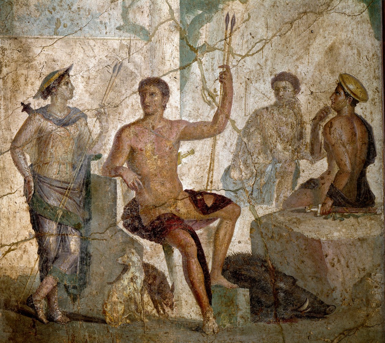 Romersk kunst: "" Meleagre og Atalante""" romersk freskomaleri fra det 1. århundre e.Kr. fra Pompei. Napoli, Nasjonalt arkeologisk museum - romersk kunst: Meleager og Atalanta. Romersk freskomaleri fra det 1. århundre e.Kr. fra Pompeii. Nasjonalt arkeologi av Roman
