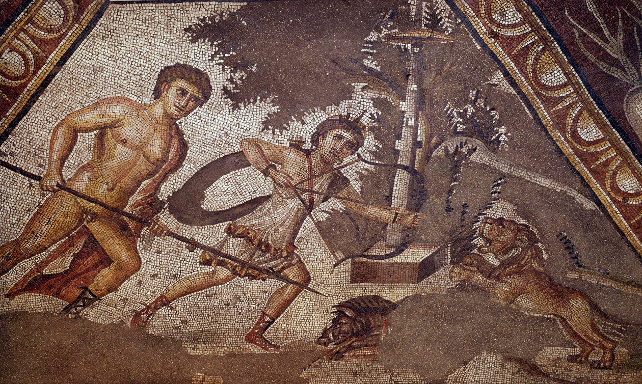 Romersk kunst: Mosaikk av årstidene fra gårdsplassen til den konstantinske villaen "" Daphne"" som representerer to jegere. Detalj. Fra Faubourg av Antioche-sur-l