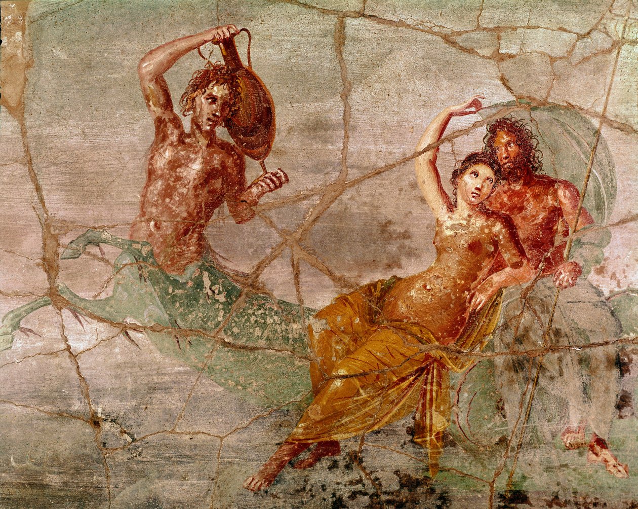 Romersk kunst: "" Neptun, Poseidon og Amphitrite"" Romersk freskomaleri fra Pompeii, Italia (Neptune Poseidon amphitrite, freskomaleri fra Pompeii) 60-80 e.Kr. av Roman