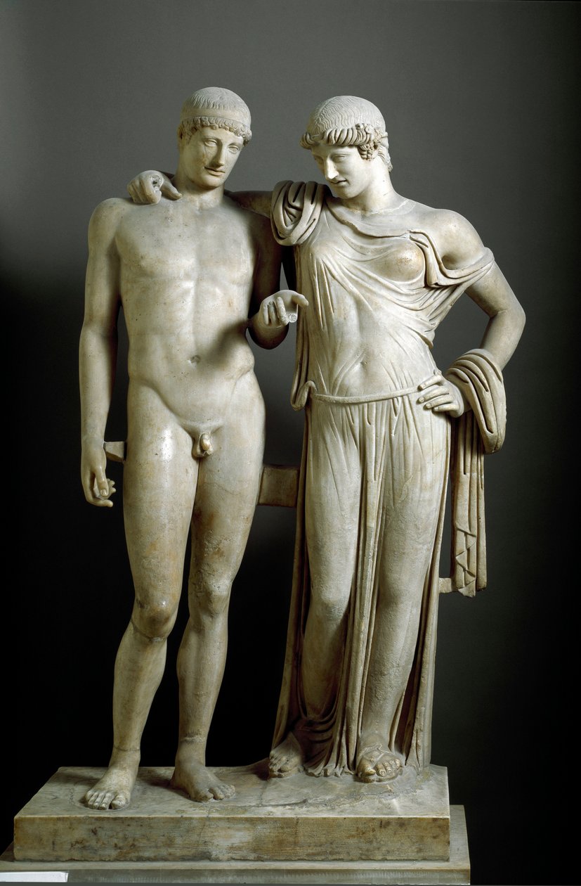 Romersk kunst: “” Oreste et Electre ”” - Marmorskulptur fra Pozzuoli (Pozzuoli) 1. århundre e.Kr., Dim. 160 cm - Nasjonalt arkeologisk museum, Napoli - Romersk sivilisasjon: Electra og Orestes - Marmorskulptur (H. 160 cm) av Roman